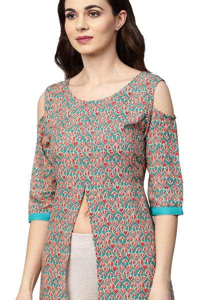 Women's Grey Rayon Printed 3/4 Sleeve Round Neck Casual Kurta Only