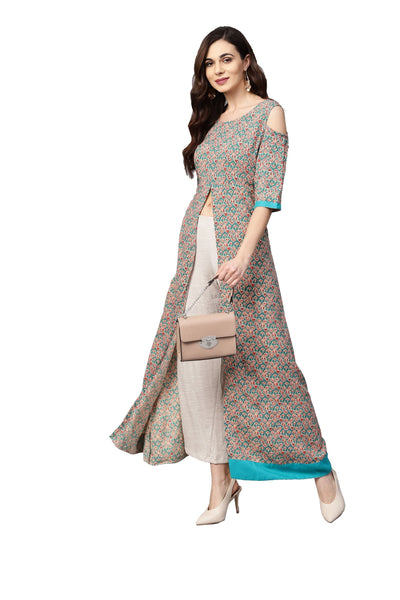 Women's Grey Rayon Printed 3/4 Sleeve Round Neck Casual Kurta Only