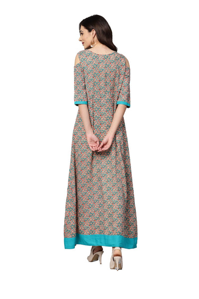 Women's Grey Rayon Printed 3/4 Sleeve Round Neck Casual Kurta Only
