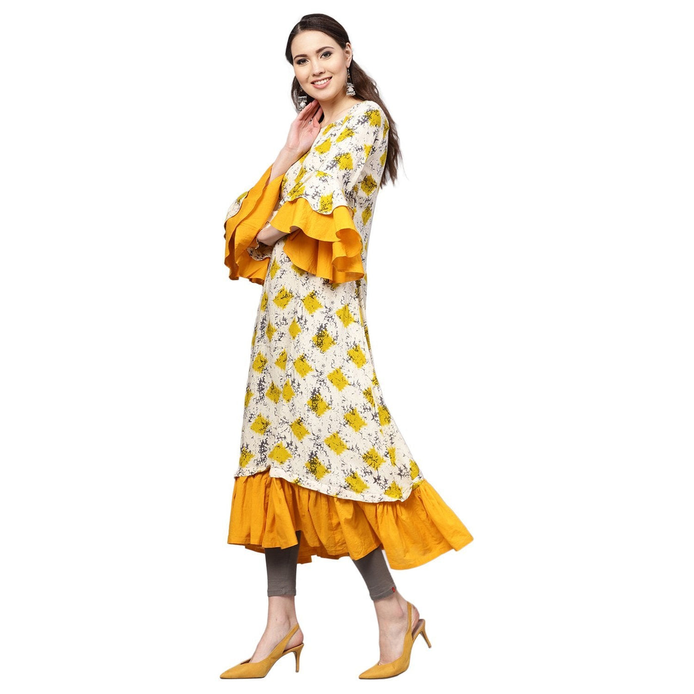 Women's Yellow Rayon Printed Balloon Sleeve Round Neck Casual Kurta Only