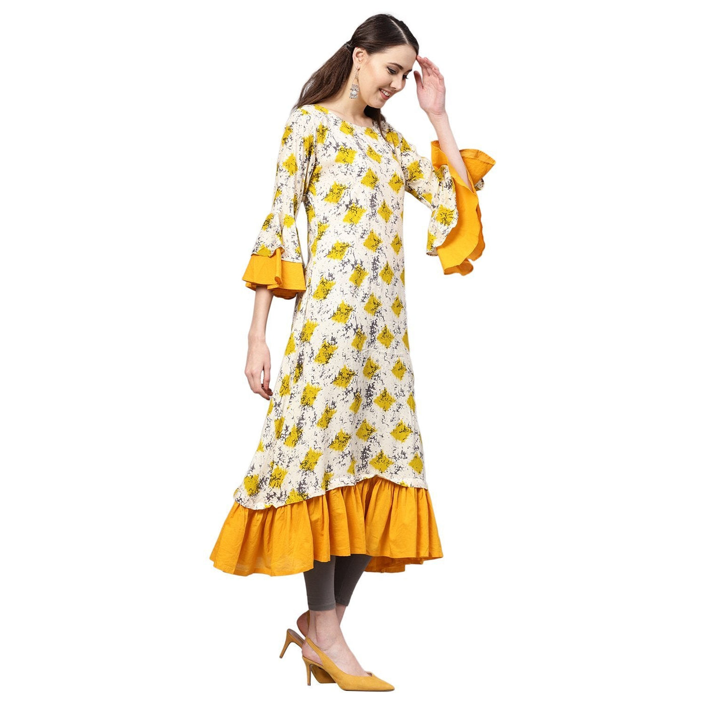 Women's Yellow Rayon Printed Balloon Sleeve Round Neck Casual Kurta Only
