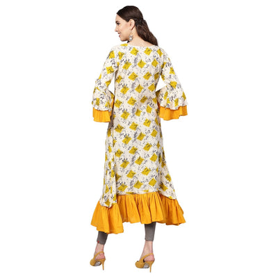 Women's Yellow Rayon Printed Balloon Sleeve Round Neck Casual Kurta Only