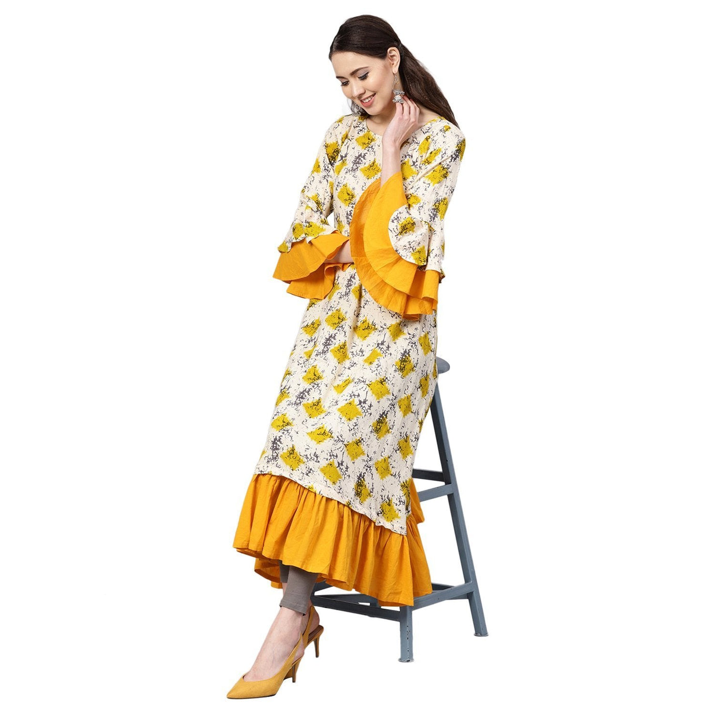 Women's Yellow Rayon Printed Balloon Sleeve Round Neck Casual Kurta Only