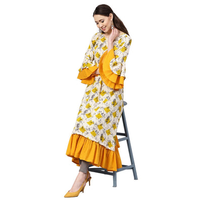 Women's Yellow Rayon Printed Balloon Sleeve Round Neck Casual Kurta Only