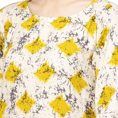 Women's Yellow Rayon Printed Balloon Sleeve Round Neck Casual Kurta Only