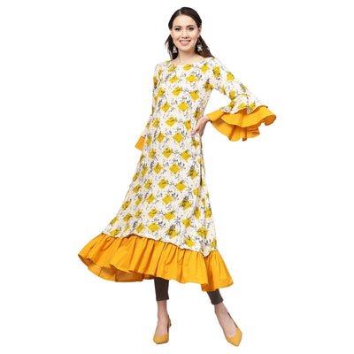 Women's Yellow Rayon Printed Balloon Sleeve Round Neck Casual Kurta Only