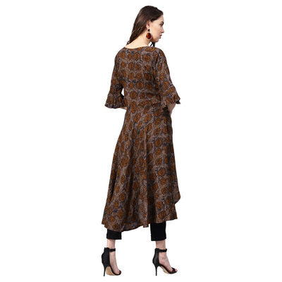 Women's Brown Rayon Printed 3/4 Sleeve Round Neck Casual Kurta Only