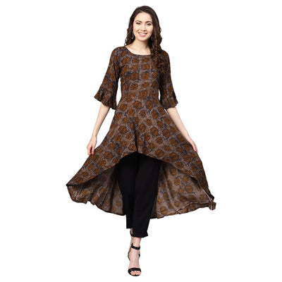 Women's Brown Rayon Printed 3/4 Sleeve Round Neck Casual Kurta Only