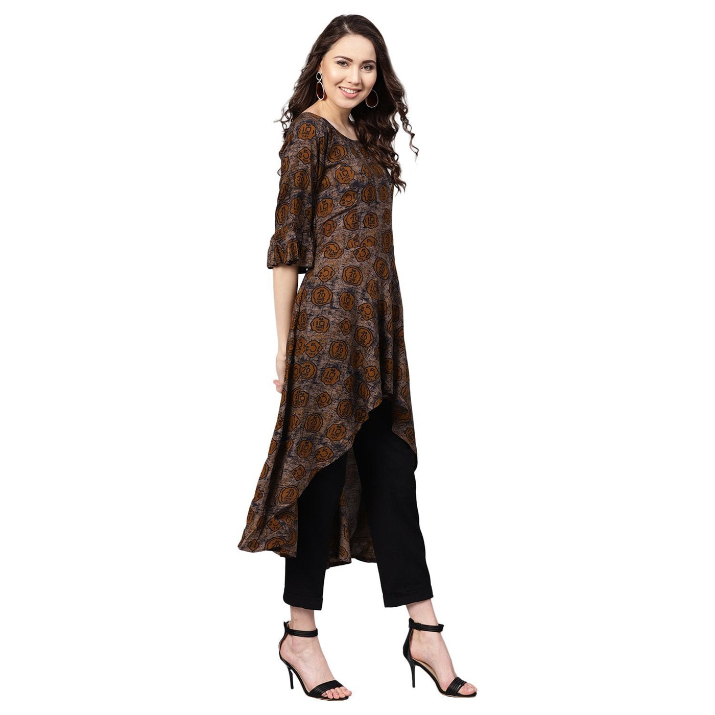 Women's Brown Rayon Printed 3/4 Sleeve Round Neck Casual Kurta Only