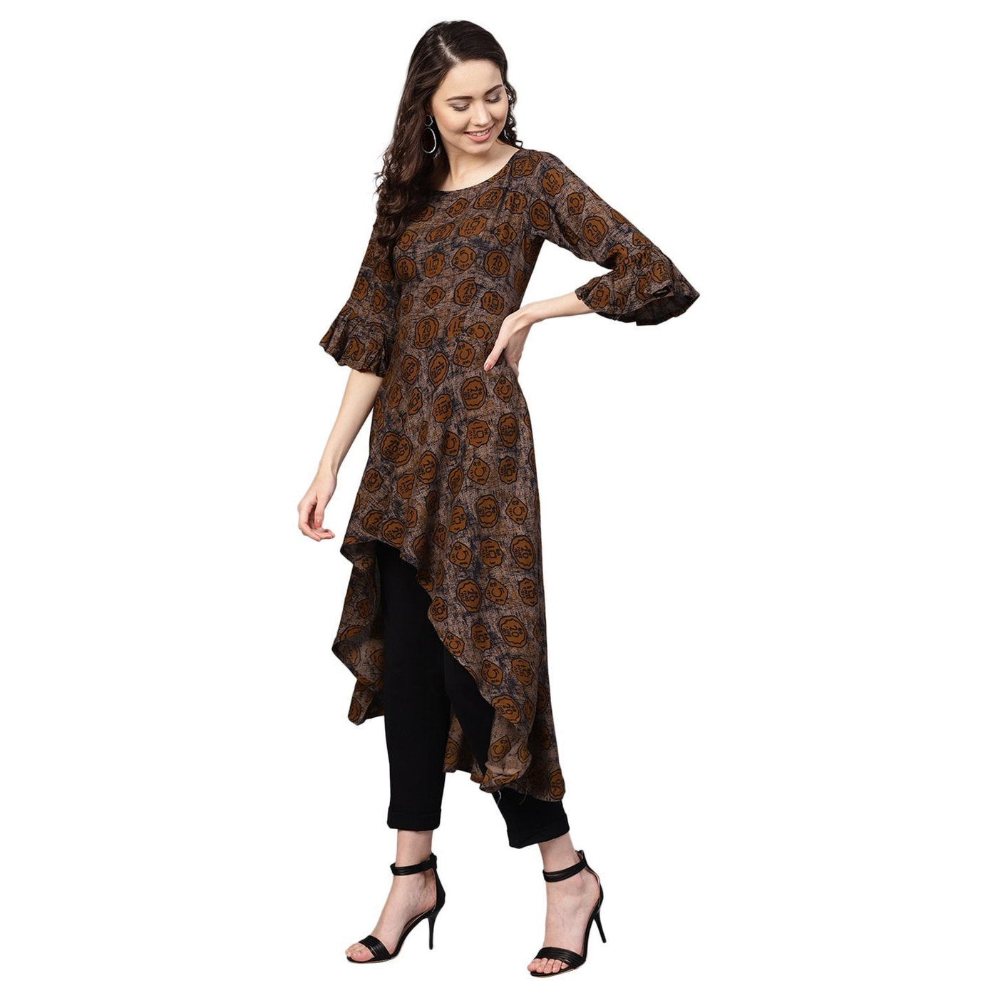 Women's Brown Rayon Printed 3/4 Sleeve Round Neck Casual Kurta Only