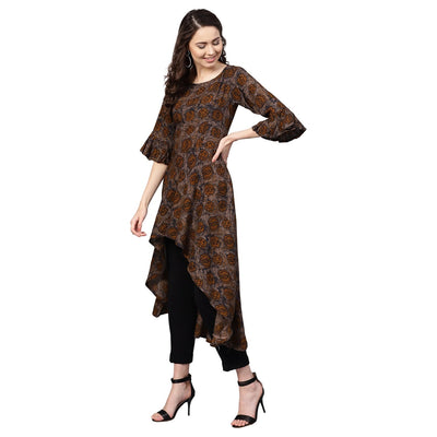 Women's Brown Rayon Printed 3/4 Sleeve Round Neck Casual Kurta Only