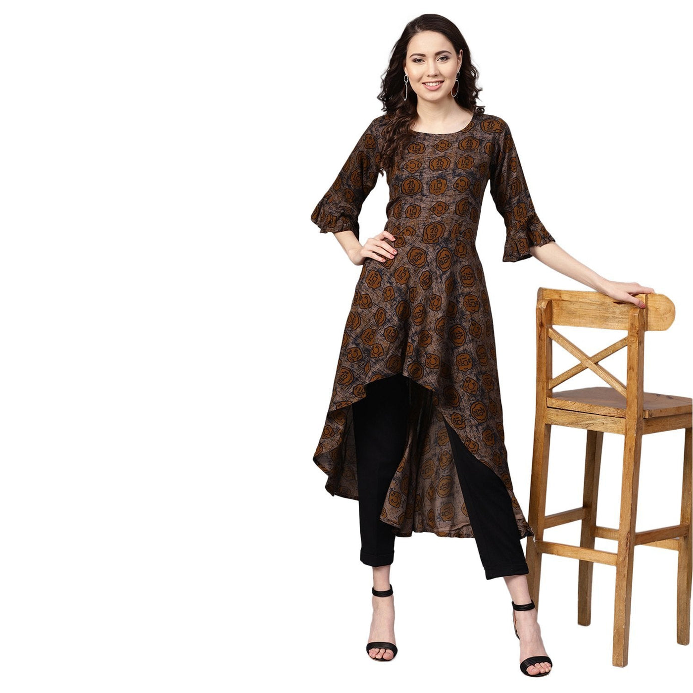 Women's Brown Rayon Printed 3/4 Sleeve Round Neck Casual Kurta Only