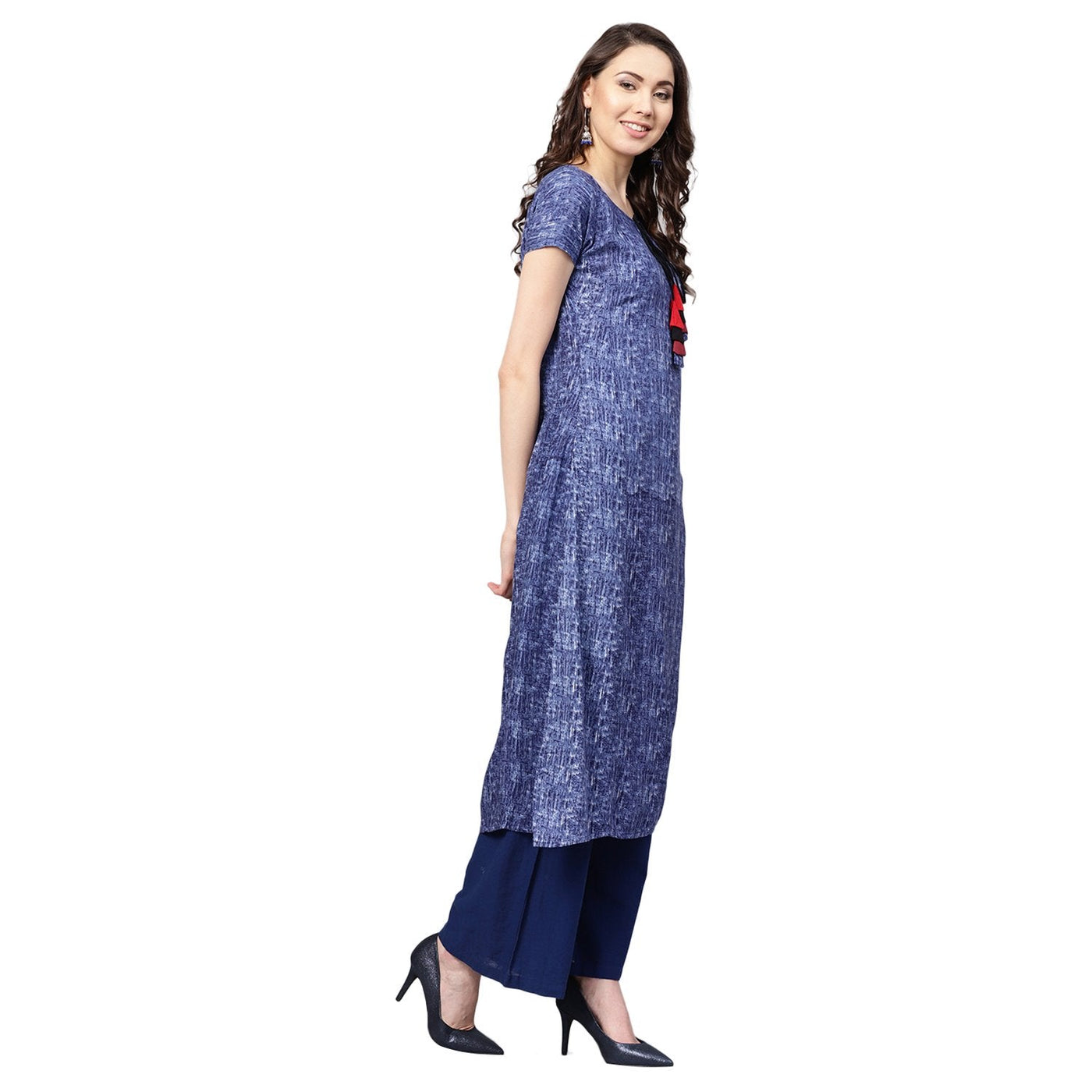 Women's Blue Cotton Printed Short Sleeve Round Neck Casual Kurta Only