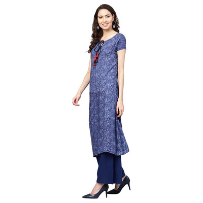 Women's Blue Cotton Printed Short Sleeve Round Neck Casual Kurta Only
