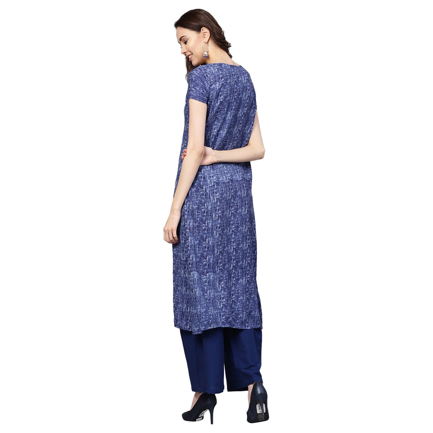 Women's Blue Cotton Printed Short Sleeve Round Neck Casual Kurta Only