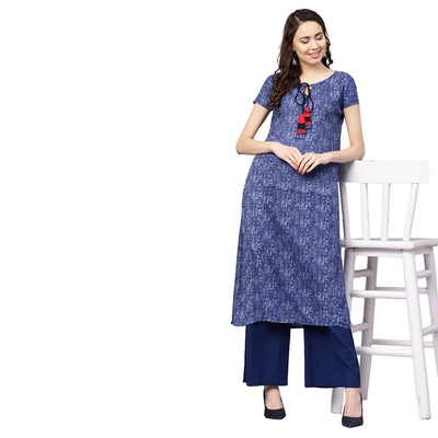 Women's Blue Cotton Printed Short Sleeve Round Neck Casual Kurta Only