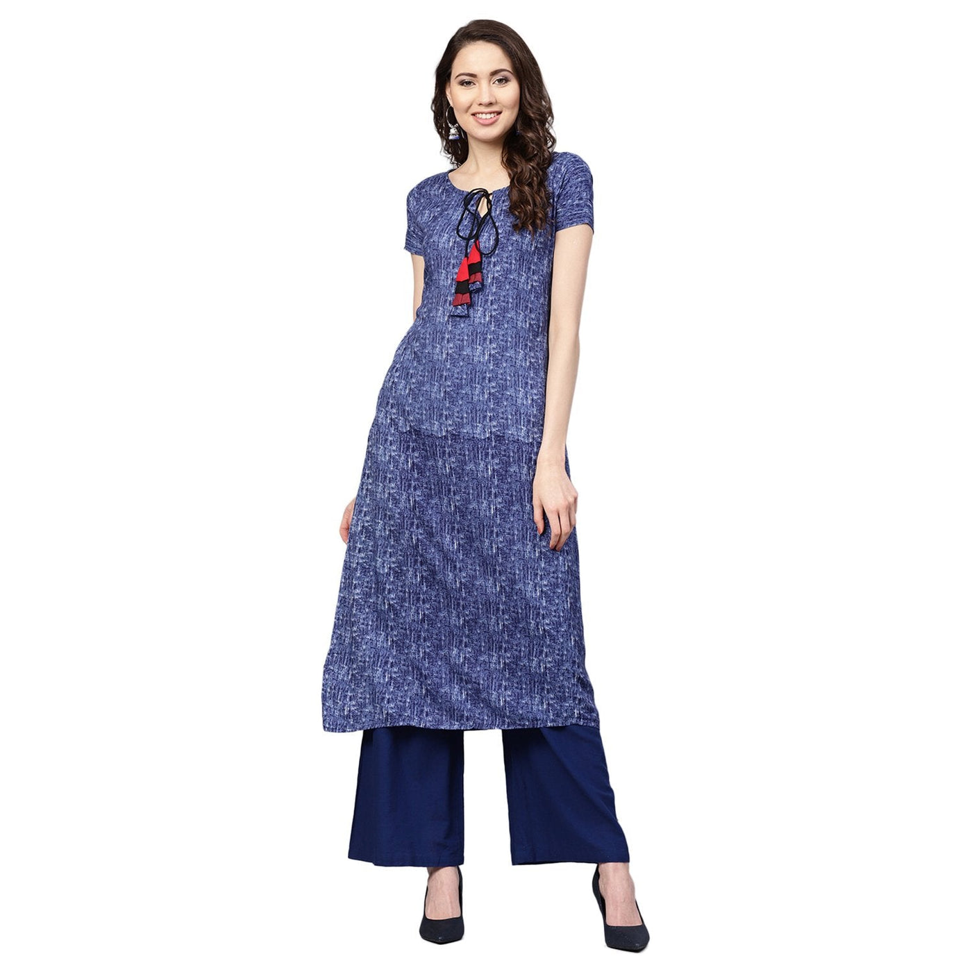 Women's Blue Cotton Printed Short Sleeve Round Neck Casual Kurta Only