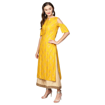 Women's Yellow Rayon Printed Short Sleeve Round Neck Casual Kurta Only