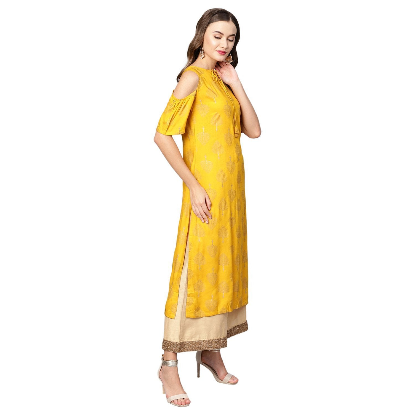 Women's Yellow Rayon Printed Short Sleeve Round Neck Casual Kurta Only