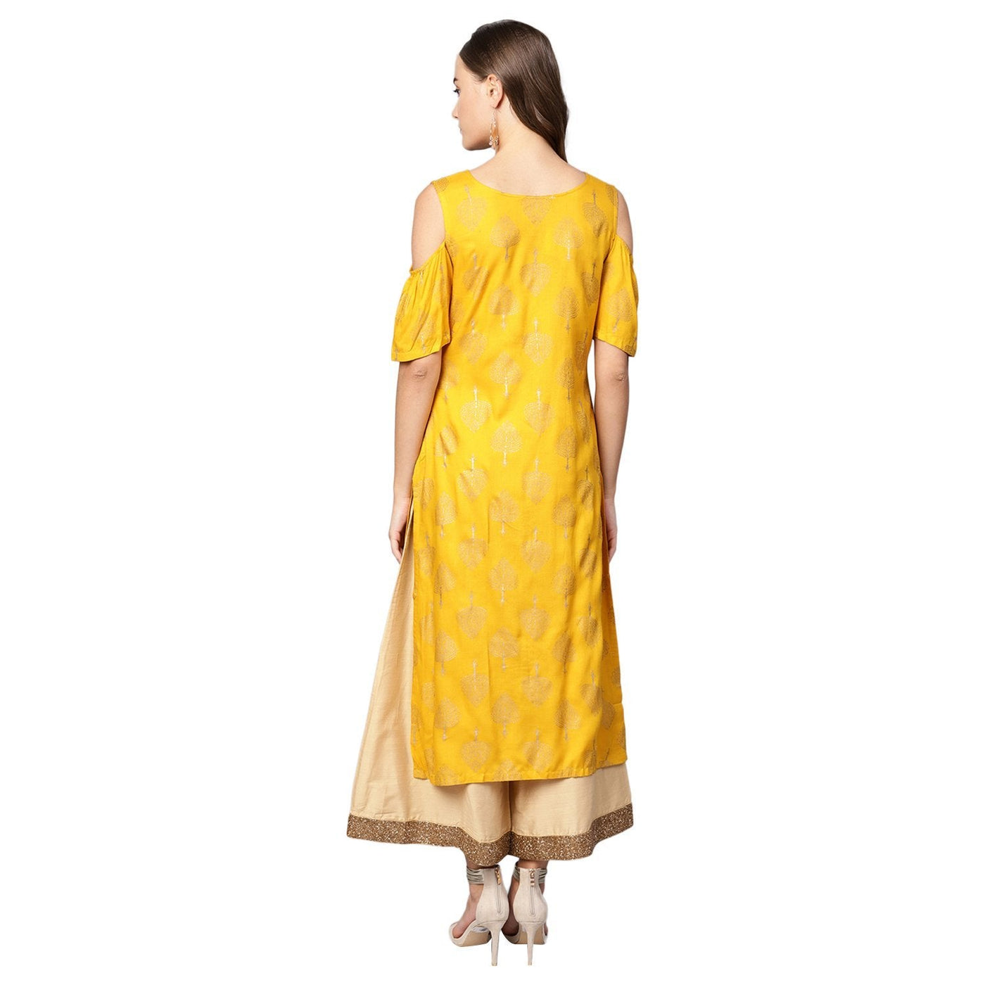Women's Yellow Rayon Printed Short Sleeve Round Neck Casual Kurta Only