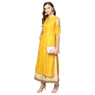Women's Yellow Rayon Printed Short Sleeve Round Neck Casual Kurta Only
