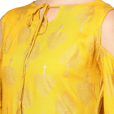 Women's Yellow Rayon Printed Short Sleeve Round Neck Casual Kurta Only
