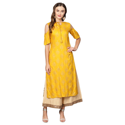 Women's Yellow Rayon Printed Short Sleeve Round Neck Casual Kurta Only