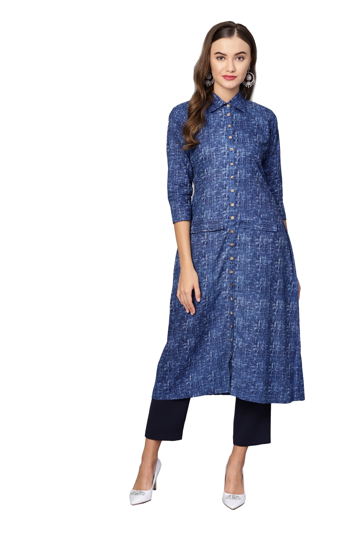 Women's Dark Blue Cotton Printed 3/4 Sleeve Collared Neck Casual Kurta Only