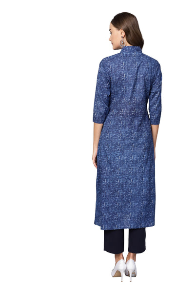 Women's Dark Blue Cotton Printed 3/4 Sleeve Collared Neck Casual Kurta Only