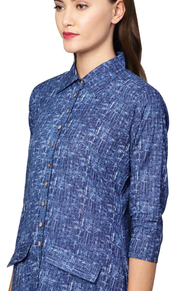 Women's Dark Blue Cotton Printed 3/4 Sleeve Collared Neck Casual Kurta Only