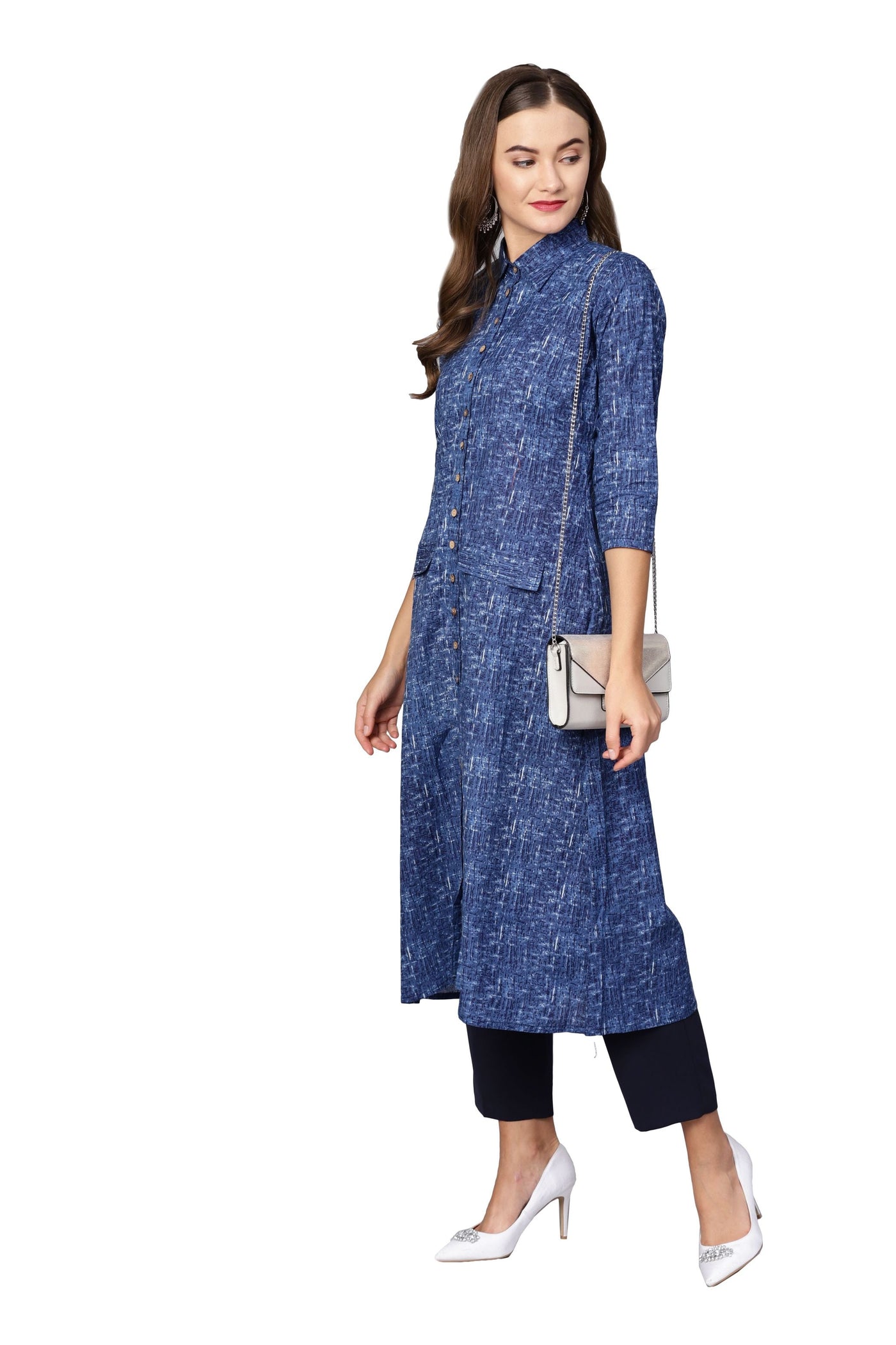 Women's Dark Blue Cotton Printed 3/4 Sleeve Collared Neck Casual Kurta Only