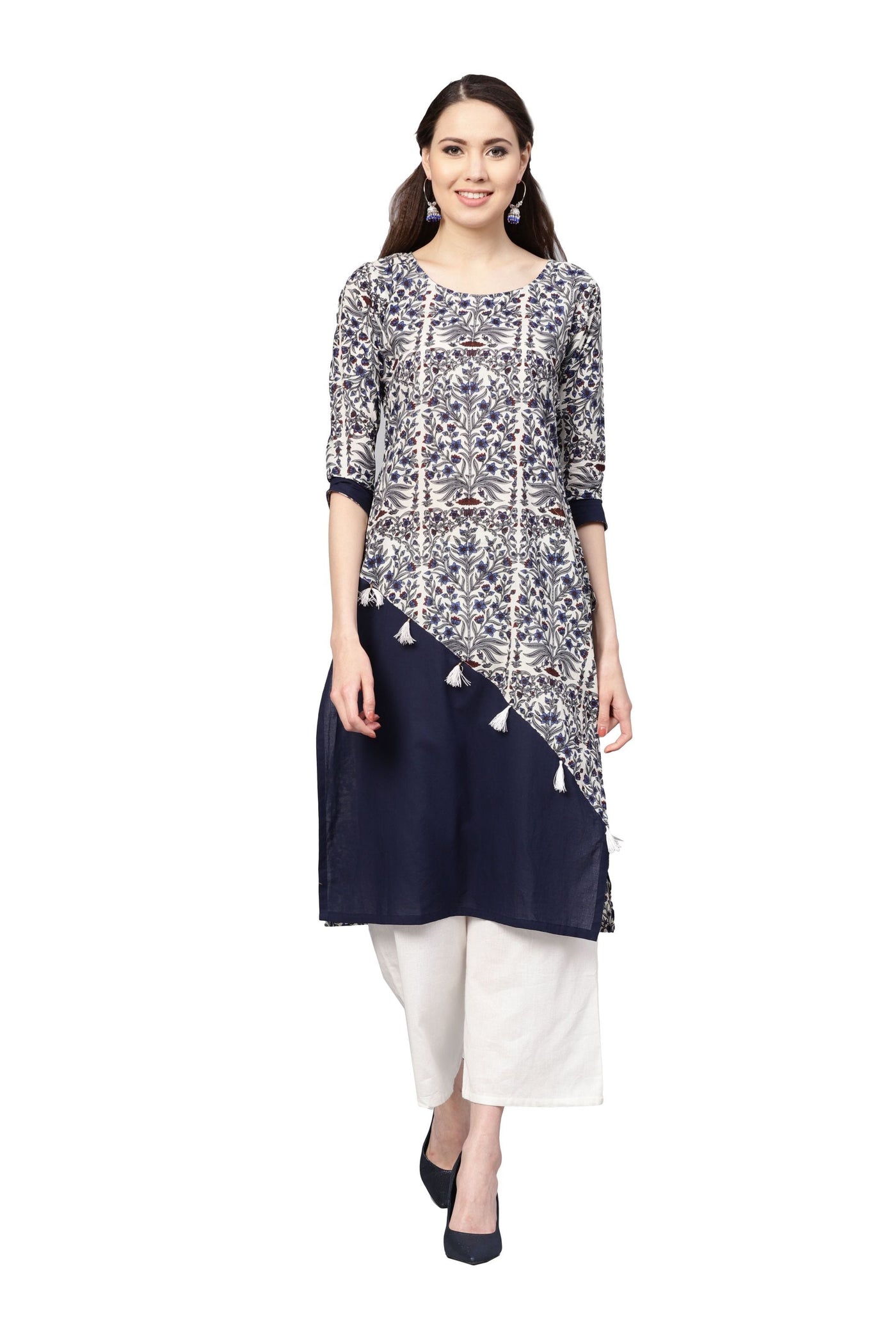 Women's Grey Cotton Printed 3/4 Sleeve Round Neck Casual Kurta Only