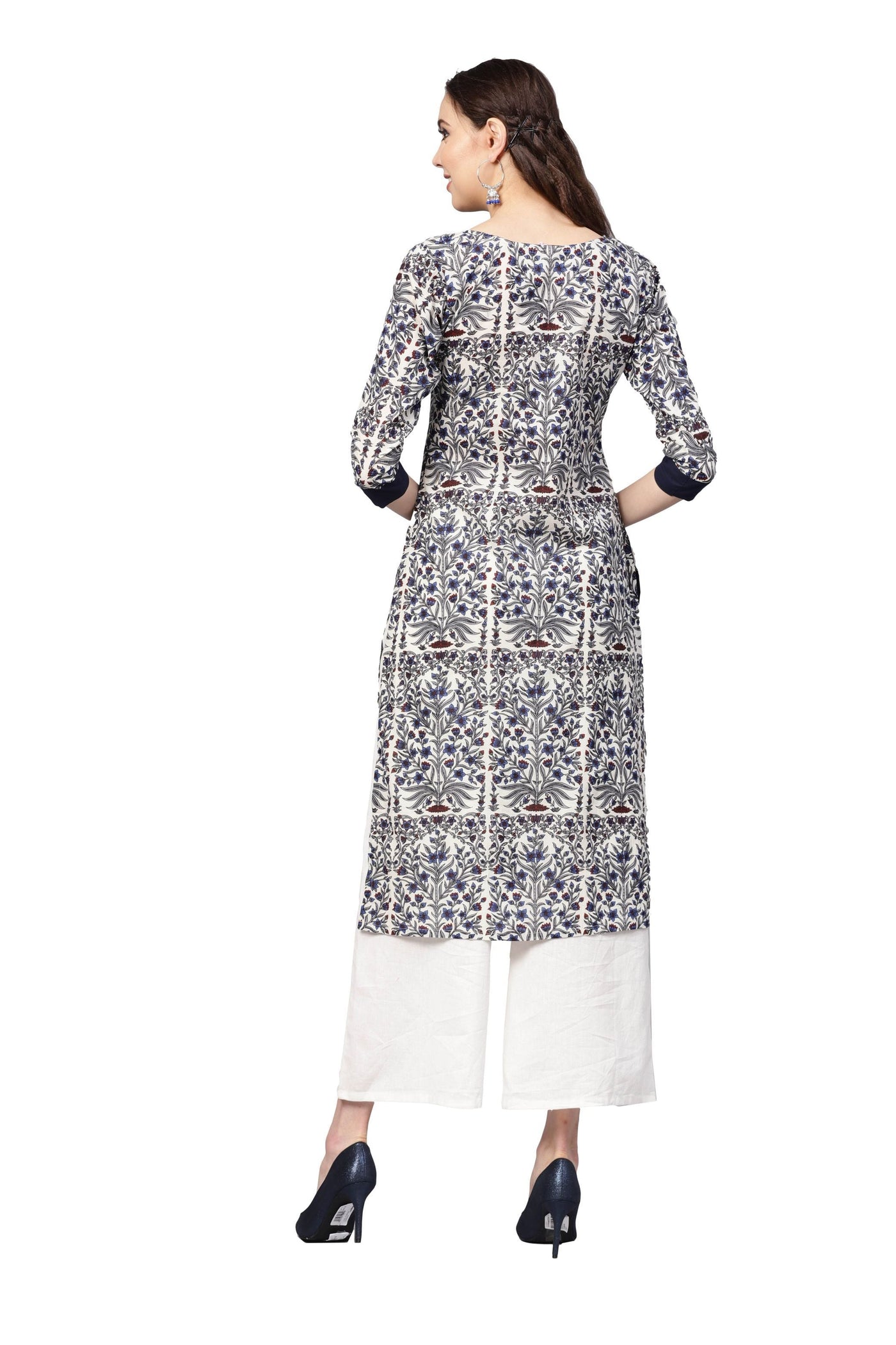 Women's Grey Cotton Printed 3/4 Sleeve Round Neck Casual Kurta Only