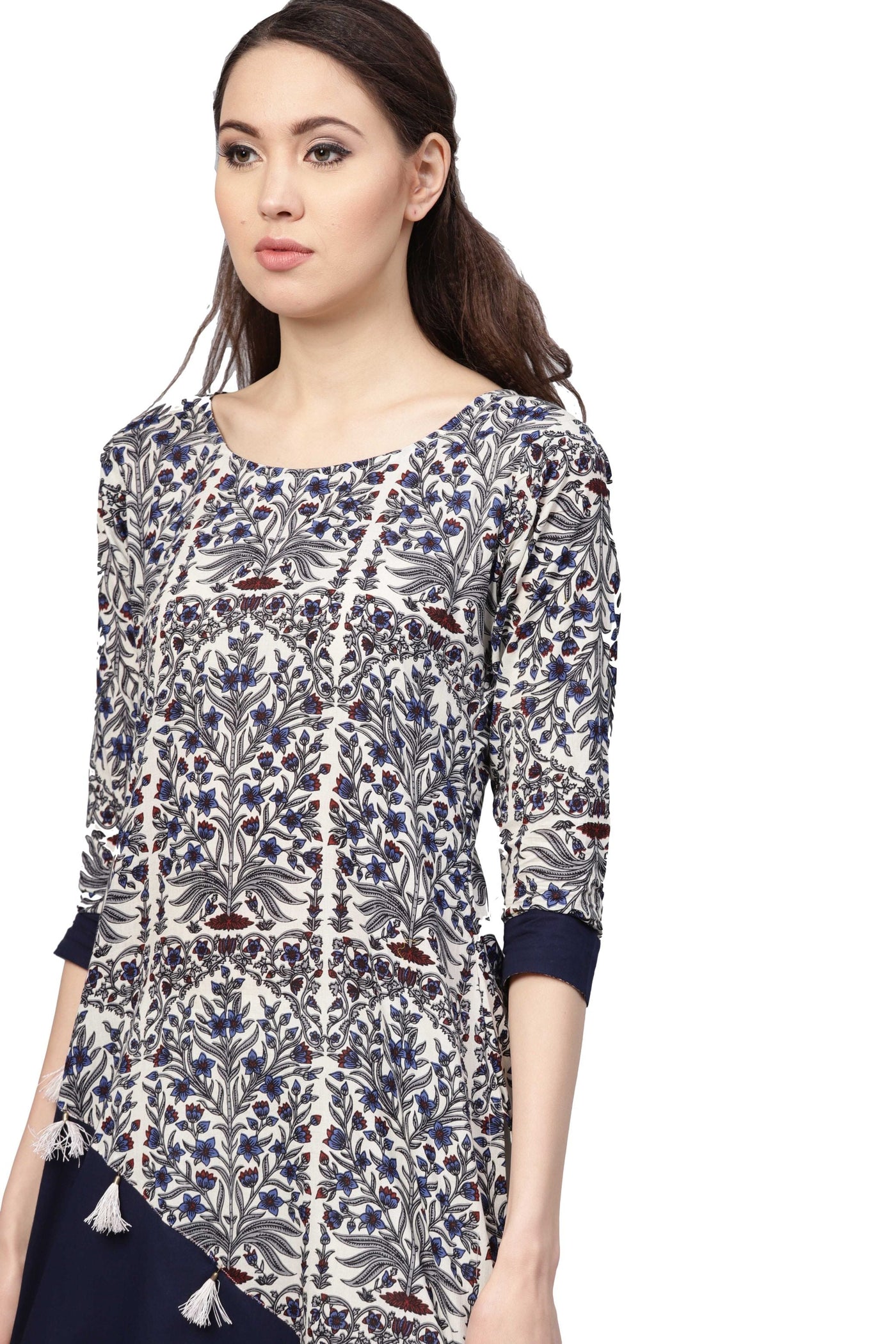 Women's Grey Cotton Printed 3/4 Sleeve Round Neck Casual Kurta Only