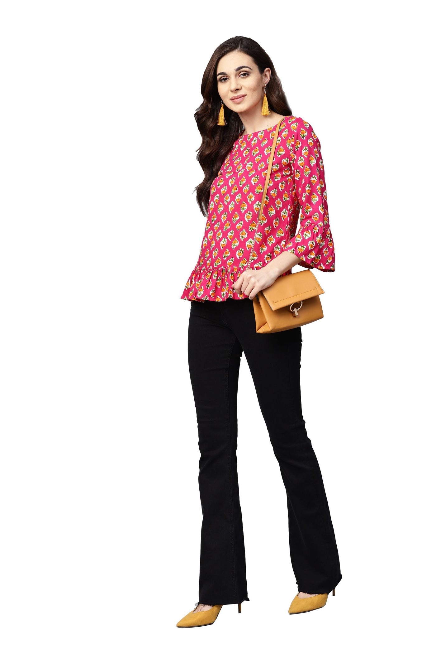 Women's Pink Printed 3/4 Sleeve Round Neck Viscose Rayon Casual Top