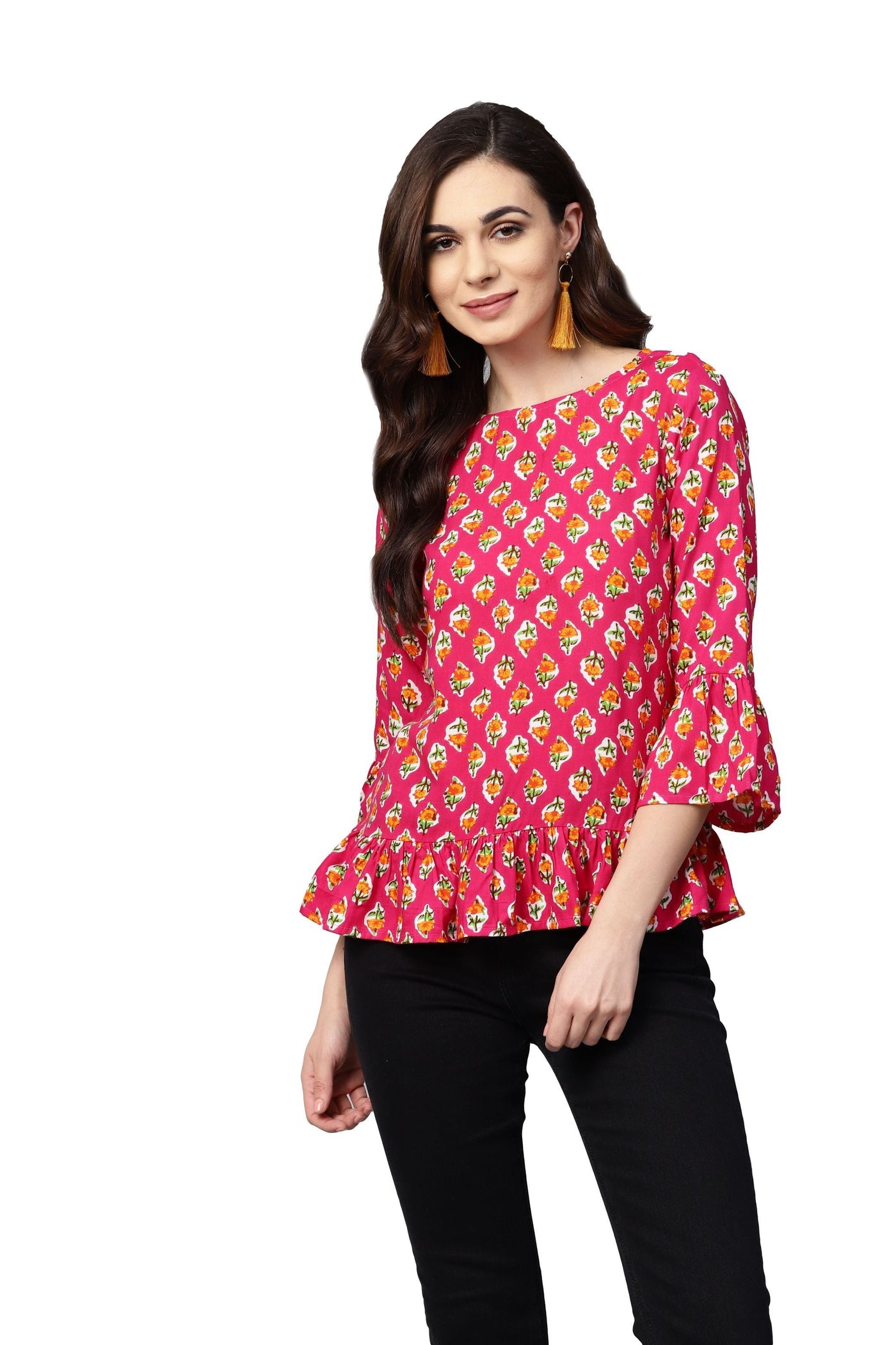 Women's Pink Printed 3/4 Sleeve Round Neck Viscose Rayon Casual Top