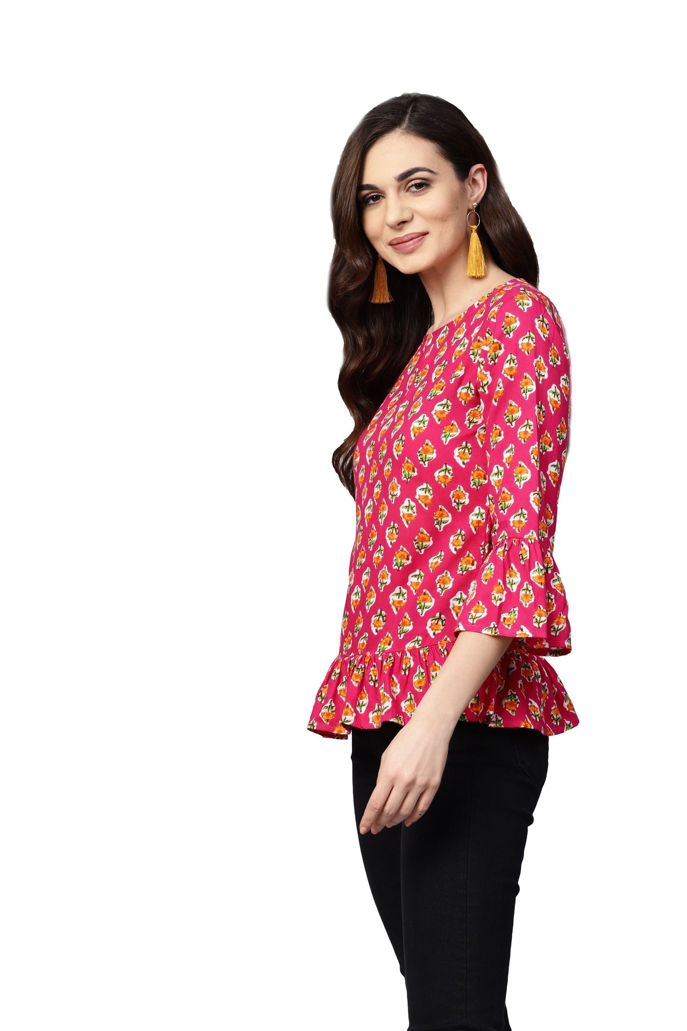 Women's Pink Printed 3/4 Sleeve Round Neck Viscose Rayon Casual Top