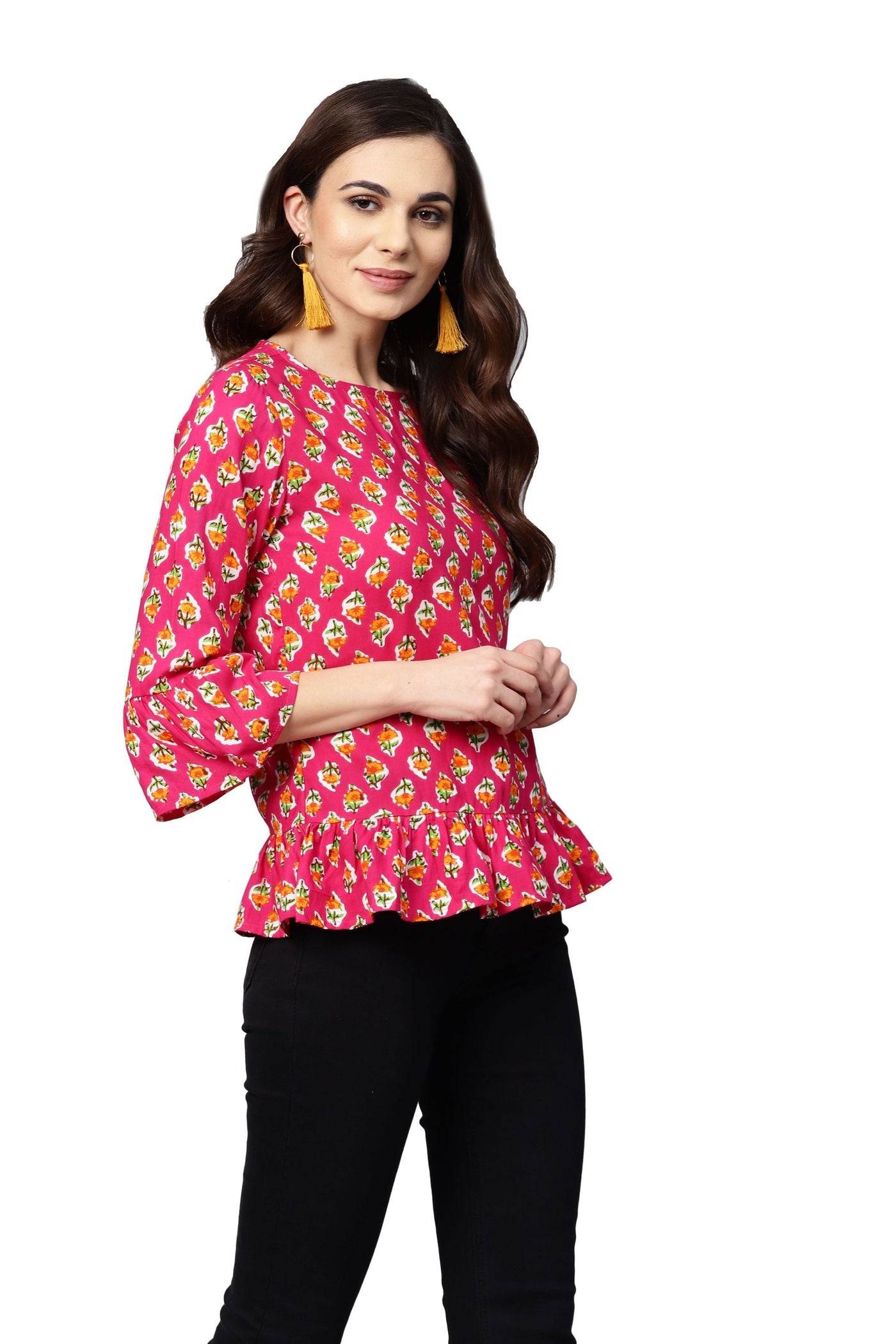 Women's Pink Printed 3/4 Sleeve Round Neck Viscose Rayon Casual Top