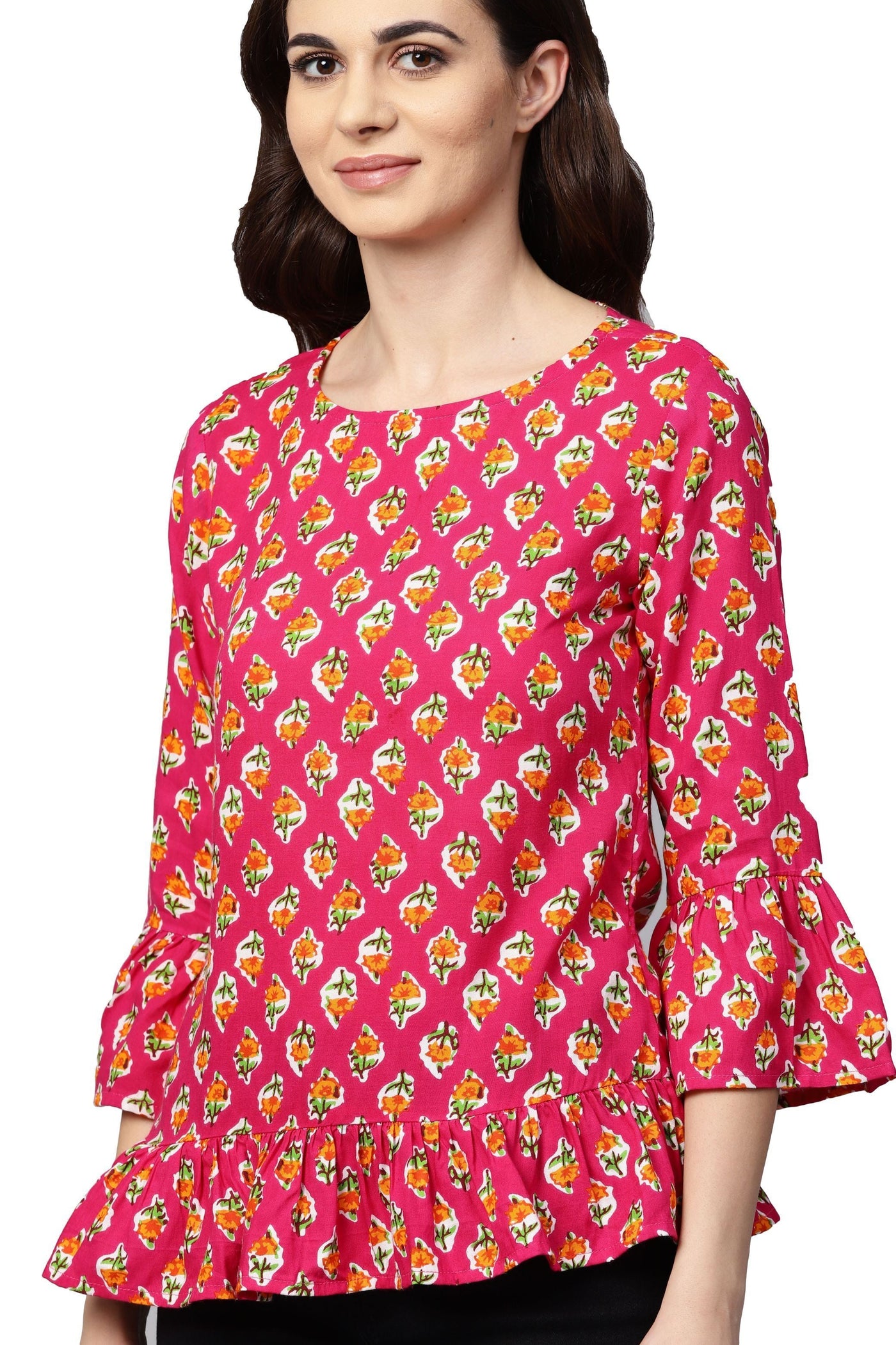 Women's Pink Printed 3/4 Sleeve Round Neck Viscose Rayon Casual Top