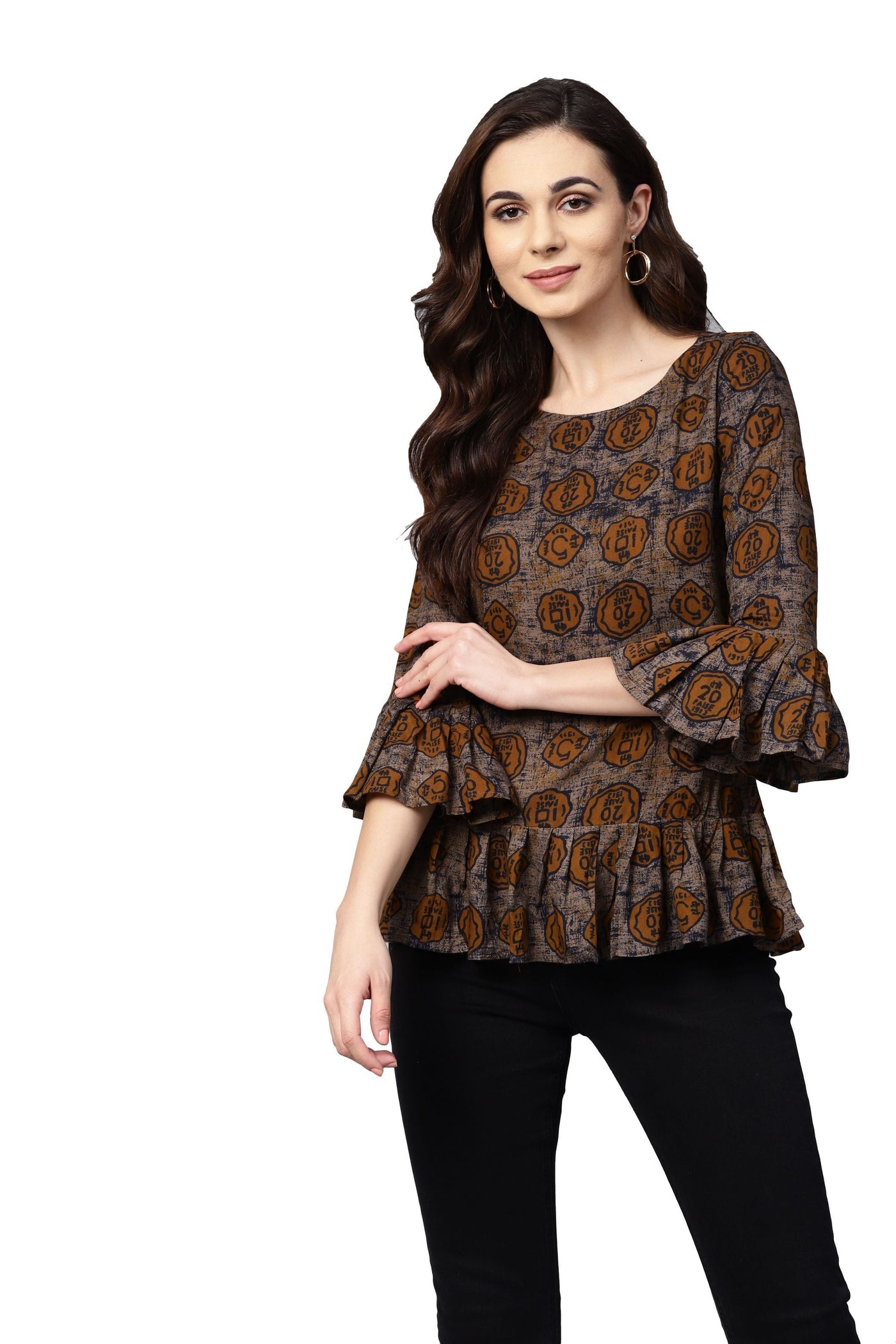 Women's Brown Printed 3/4 Sleeve Round Neck Viscose Rayon Casual Top