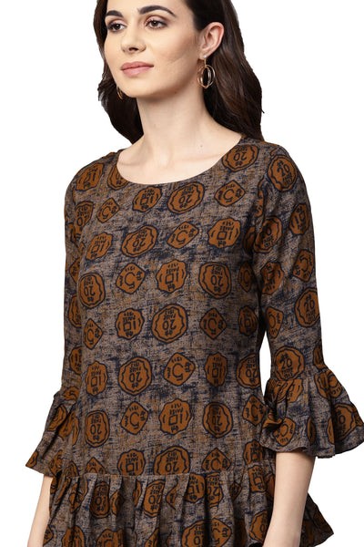 Women's Brown Printed 3/4 Sleeve Round Neck Viscose Rayon Casual Top