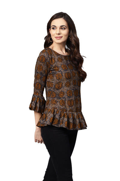 Women's Brown Printed 3/4 Sleeve Round Neck Viscose Rayon Casual Top