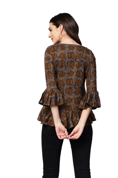 Women's Brown Printed 3/4 Sleeve Round Neck Viscose Rayon Casual Top