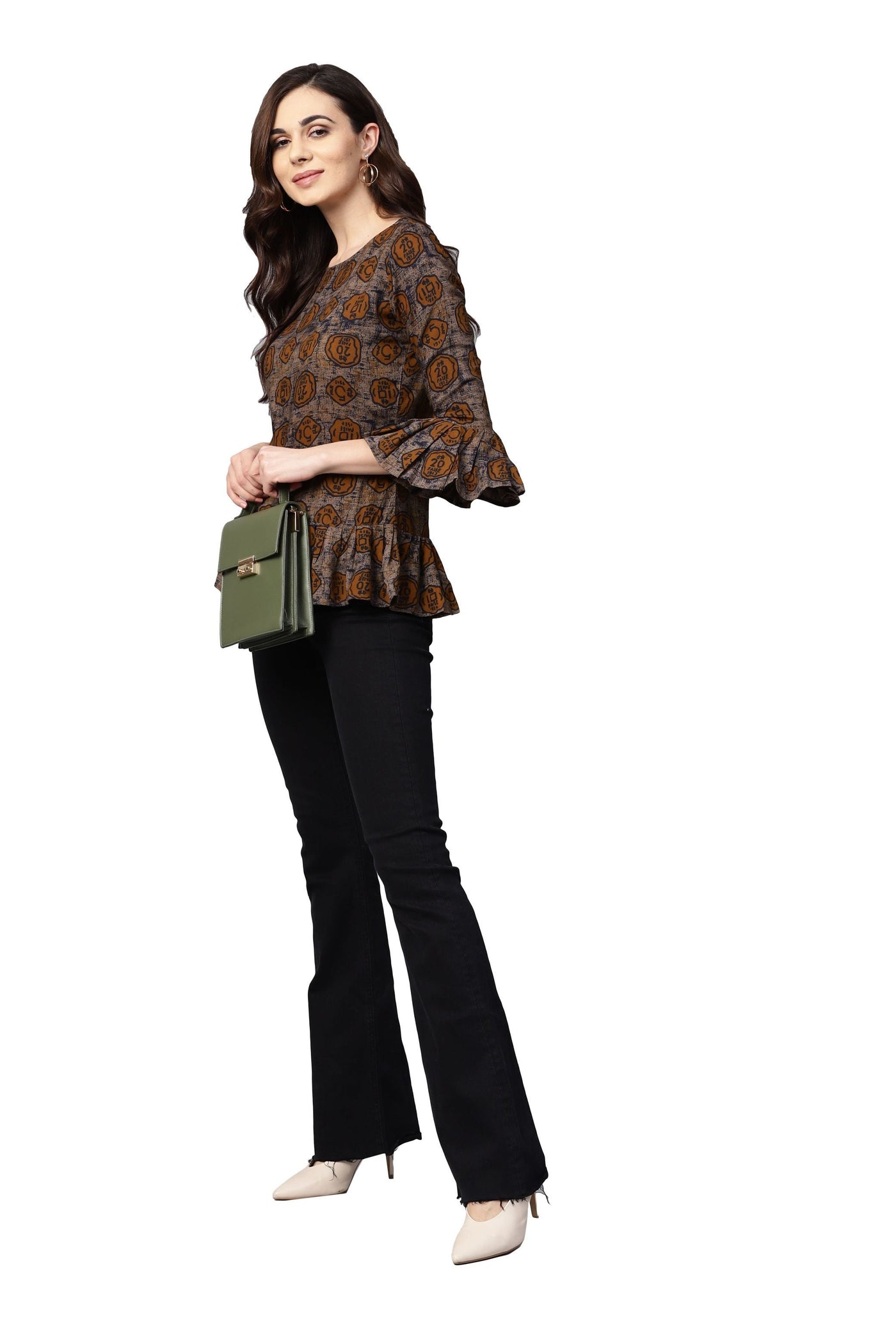 Women's Brown Printed 3/4 Sleeve Round Neck Viscose Rayon Casual Top