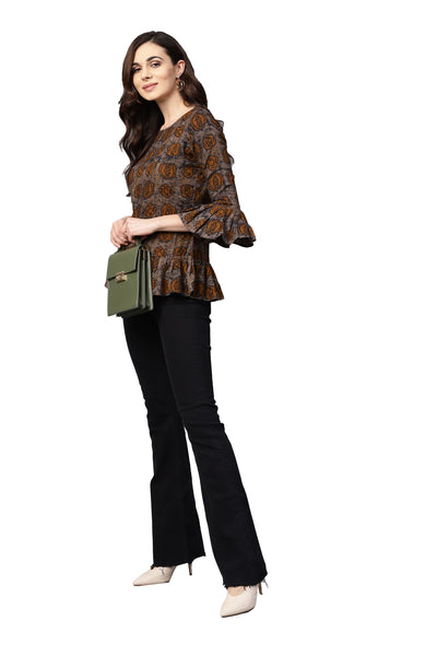 Women's Brown Printed 3/4 Sleeve Round Neck Viscose Rayon Casual Top