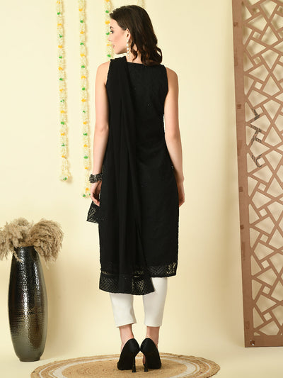 Black Georgette Sleeveless Straight Party  Kurta With Dupatta Set