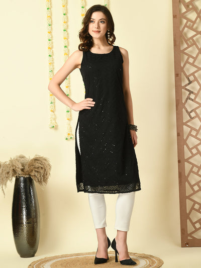 Black Georgette Sleeveless Straight Party  Kurta With Dupatta Set