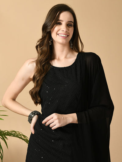 Black Georgette Sleeveless Straight Party  Kurta With Dupatta Set