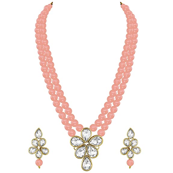 Women's 18k Gold Plated Traditional Kundan & Pearl Studded Necklace Jewellery Set ML31