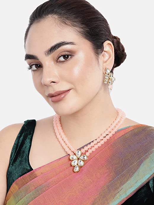 Women's 18k Gold Plated Traditional Kundan & Pearl Studded Necklace Jewellery Set ML31